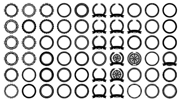 Circular frame borders and award laurel wreath silhouette icons mega set for certificate seals vintage badge crests and company logo design vector illustration