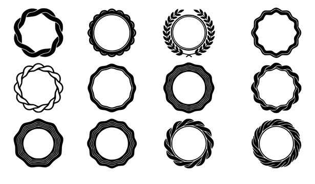 Circular frame silhouette borders set featuring geometric star patterns laurel wreath and twisted rope designs for certificate award logo design vector illustration