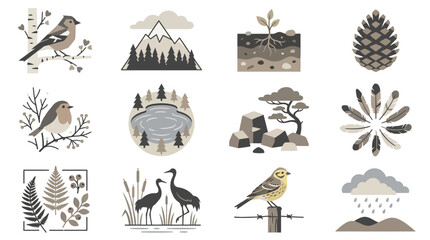 Fototapeta premium Nature and bird themed graphic icon collection.
