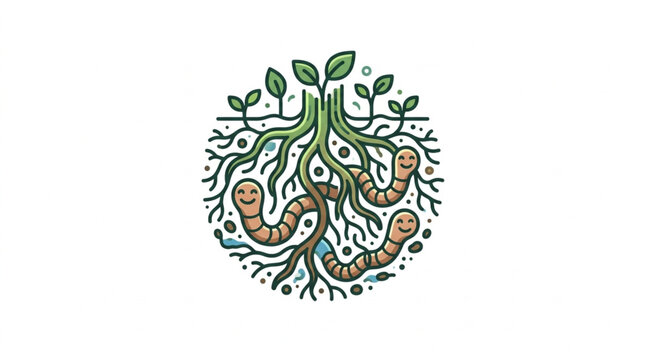 Illustration of earthworms and plant roots in soil.