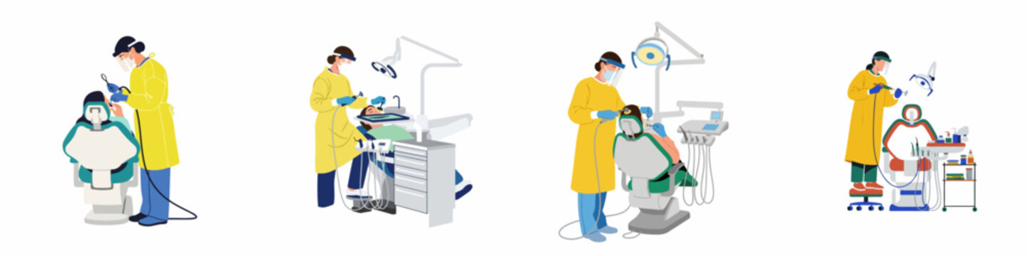 Set of flat vector illustrations of a dentist wearing full PPE gown and face shield performing various dental procedures on patients in a clinic.
