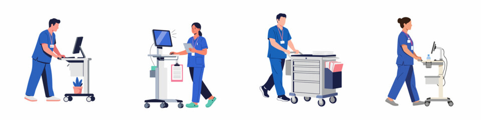 Set of flat vector illustrations showing medical staff in blue scrubs operating mobile computer carts and medical trolleys in a hospital setting. © Muqodimatul