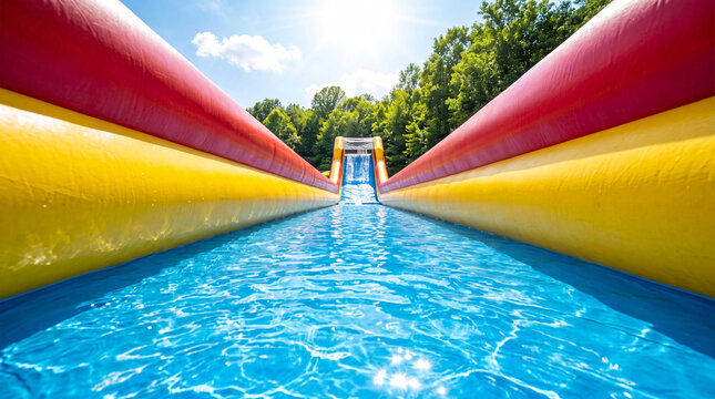 View from the top of a large inflatable water slide with colorful red and yellow sides and bright blue water under a sunny sky with trees