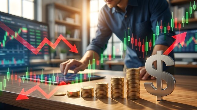 Professional Trader Analyzing Stock Market Volatility and Investment Growth with Data Charts and Dollar Sign