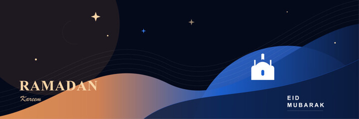 Naklejka premium Ramadan kareem and eid mubarak greeting card design with mosque silhouette, stars and abstract wavy blue background
