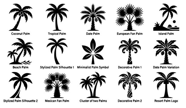 Tropical palm tree silhouette icons set featuring coconut date fan and island palms for beach resort branding and summer travel logos vector illustration