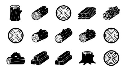 Wood logs lumber stacks timber trunks tree stumps circular cut slices and firewood bundles black silhouette icons set vector carpentry illustration © MdIbrahimIslam