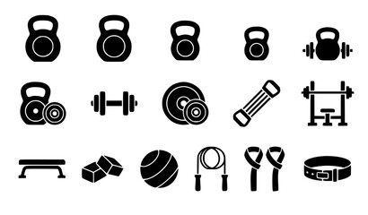 Gym fitness equipment silhouette icons set featuring dumbbells kettlebells weight plates barbell bench jump rope and workout gear vector illustration © MdIbrahimIslam