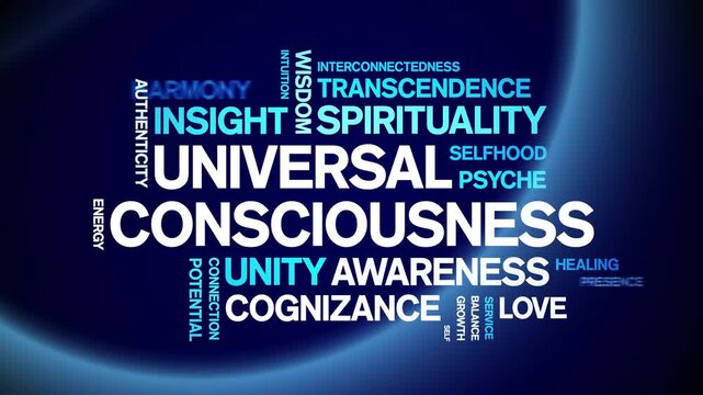 Universal Consciousness animated word cloud-text design animation tag kinetic typography seamless loop.