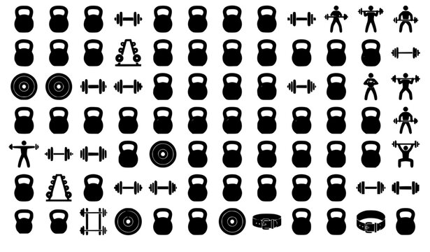 Gym fitness equipment icons mega set featuring kettlebells dumbbells barbells weight plates and athlete silhouettes for crossfit training vector illustration