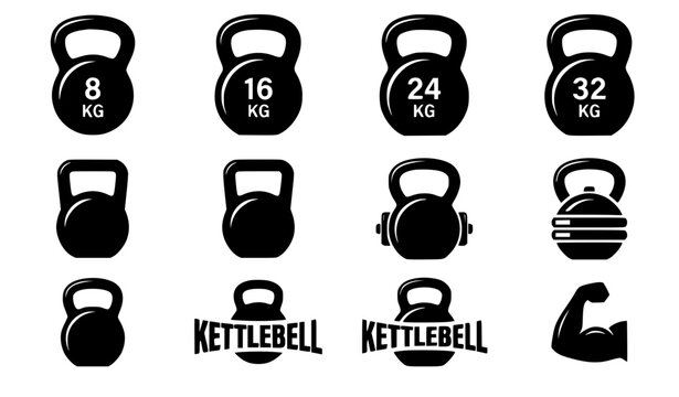 Kettlebell silhouette icons set for gym fitness training featuring heavy weights with kilogram numbers bicep muscle arm and crossfit workout typography vector illustration