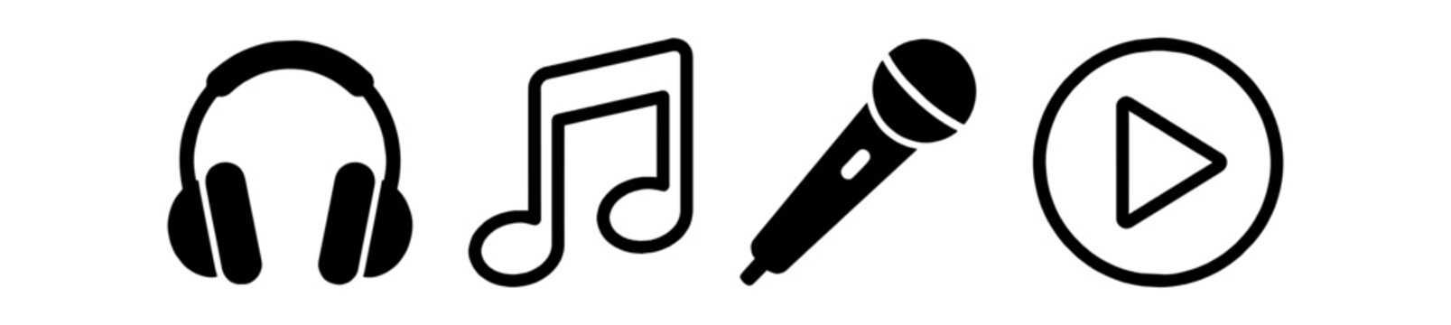 Set of black music icons including headphones, musical note, microphone and play button symbol for digital media design isolated on transparent background, Vector
