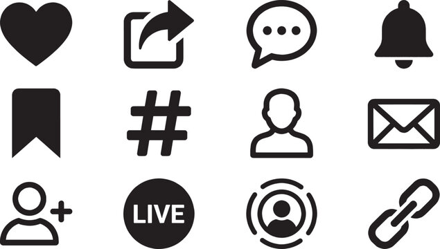 Set of black social media interface icons for web and mobile apps including heart like share comment notification bookmark hashtag profile email link isolated on transparent background, Vector