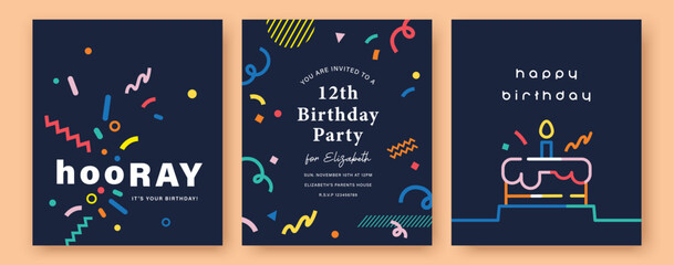 Set of Happy Birthday greeting card, invitation card, poster, cover, vector illustration with birthday cake and confetti in colorful minimalist lines. © BrixStudioIN
