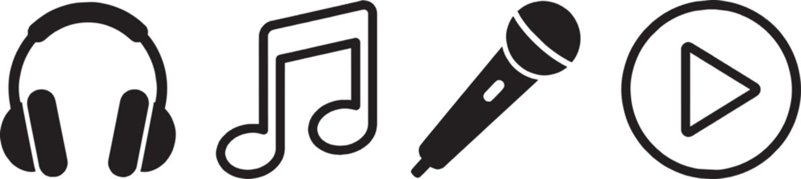 Set of black music icons including headphones, musical note, microphone and play button symbol for digital media design isolated on transparent background, Vector