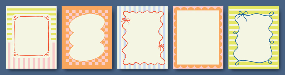 Set of vintage frames template with doodle lines, ribbon and pattern background. Trendy vector template for greeting card, invitation, cover, poster, social media. © BrixStudioIN