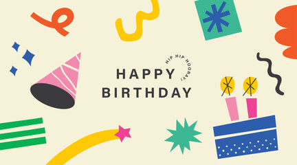Happy Birthday banner, greeting card, invitation card, poster, cover, vector illustration with birthday cake, birthday hat, confetti and abstract elements. © BrixStudioIN