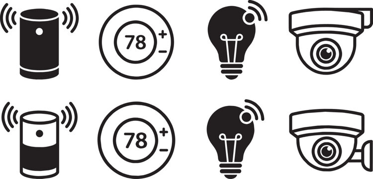Set of smart home automation technology device icons including speaker thermostat light bulb and security camera in black and white flat style isolated on transparent background, Vector