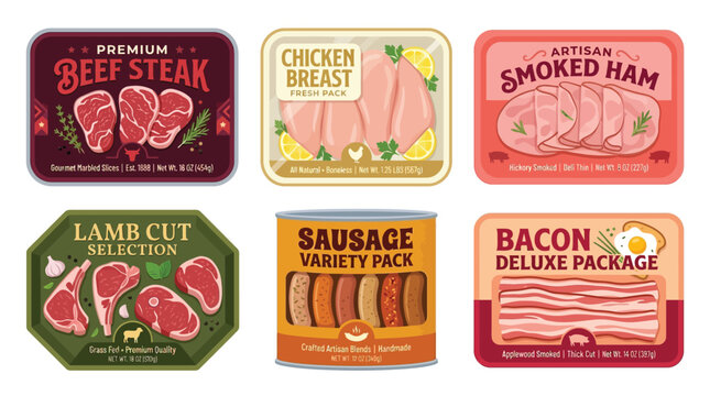Collection of six different meat product packaging designs, including beef steak, chicken breast, smoked ham, lamb chops, sausage variety pack, and bacon.