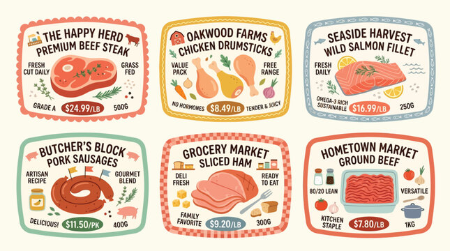 Collection of six vintage-style labels for different types of meat and fish products, including beef steak, chicken drumsticks, salmon fillet, pork sausages, sliced ham, and ground beef.