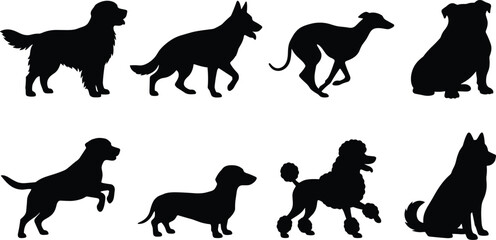 Black dog silhouettes collection featuring various popular breeds standing running and sitting isolated on white background © MstAshida