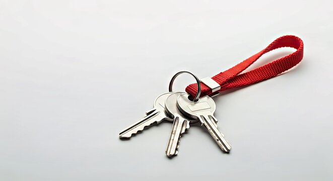 Three Metallic Keys Secured on a Red Fabric Keyring Against a Neutral Background