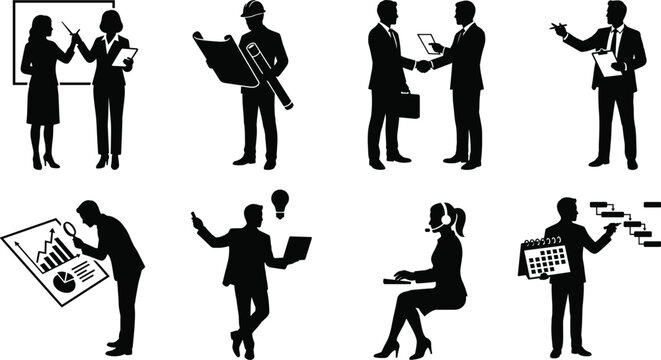Business people silhouettes collection featuring corporate professionals presentation handshake data analysis and engineering concepts