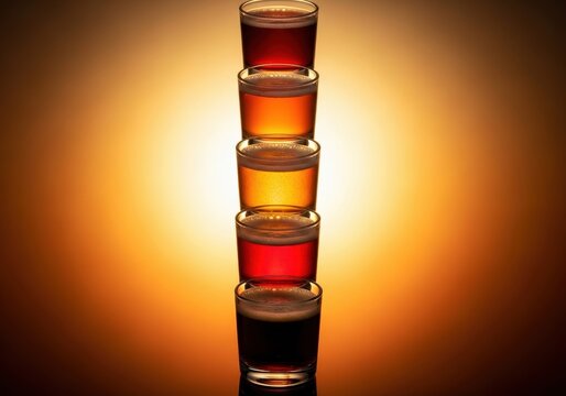 Multiple glasses of aged ale, arranged in a vertical tasting line, highlighting the nuanced changes in color and head retention, barrel, line, stout