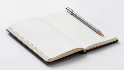 Naklejka premium Open blank notebook with pencil lying on top of pages isolated on white.