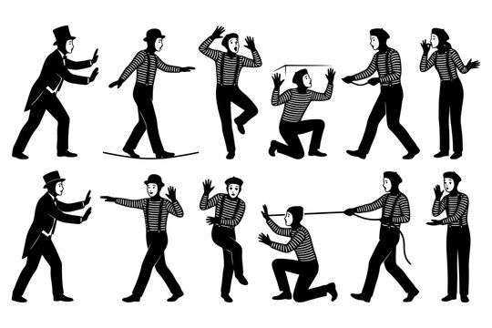 Various illustrations of black and white mime artists performing dramatic poses.
