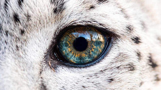 Extreme close up macro shot of a white spotted animal eye with a unique blue and golden iris pattern and detailed texture of white fur
