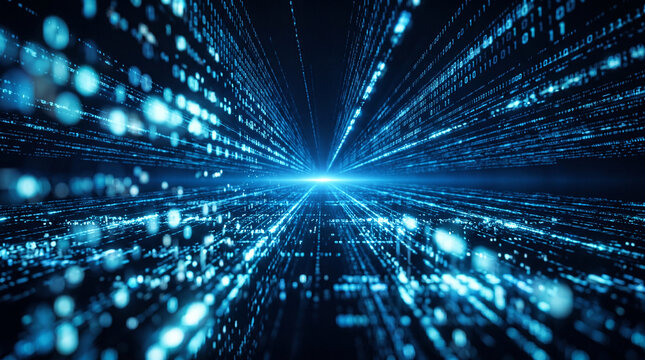 Abstract digital data background with glowing blue binary code streams and light particles traveling through a high speed cyber tunnel towards a bright center