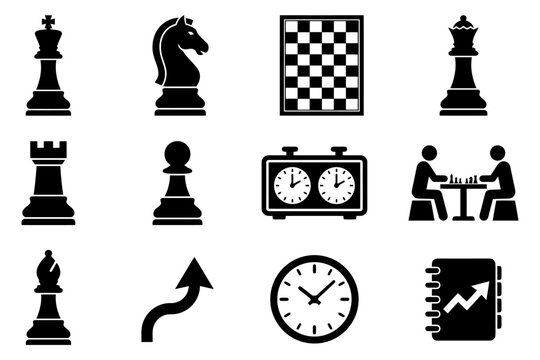 Chess icons set featuring pieces, board, clock, strategy, and players.