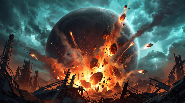Cinematic digital art of a giant planet exploding in space with fire and debris flying over a destroyed futuristic industrial city landscape