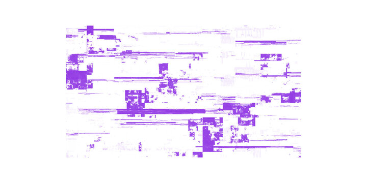 Glitchy purple digital distortion effect on a transparent background with abstract pixelation
