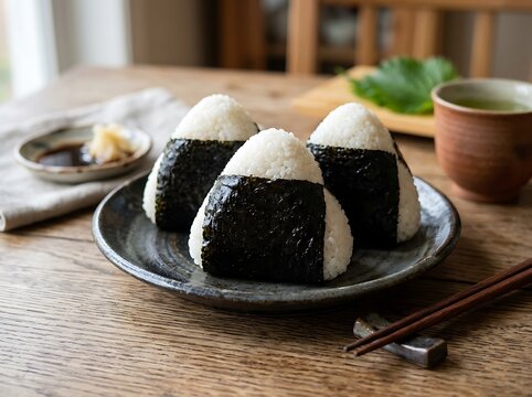 Close-up of three delicious onigiri, a traditional Japanese rice ball wrapped in nori seaweed, served on a rustic plate with chopsticks and a small dish of wasabi