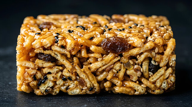 Sweet Chinese snack made from fried noodle batters known as sachima on dark surface against a matching dark background 