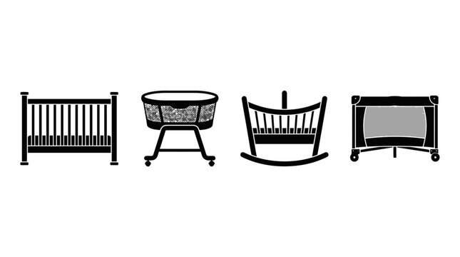 Baby crib silhouettes on a white background monochrome furniture set