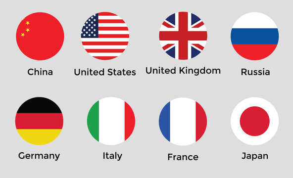  united state, china, uk, russia, germany, italy, france and japan flag in circle style set. national country banner symbols. United Kingdom flag round button