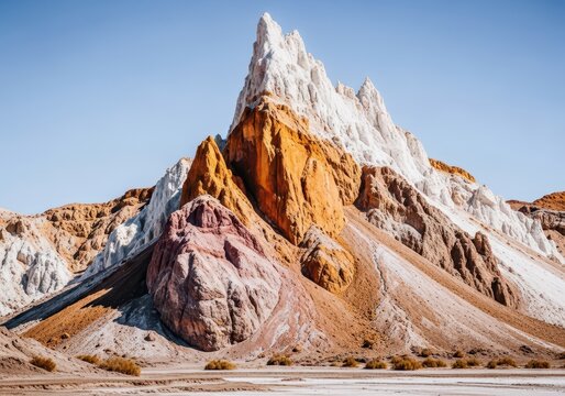 A massive jagged salt mountain landscape under harsh desert sun, showing crystalline structure and dry, arid environment and mineral deposits, white, off-white, texture