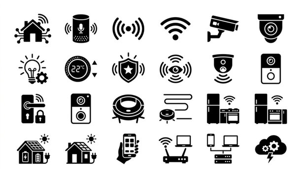 Monochrome smart home icon collection with connected house automation devices and security technology symbols vector illustration