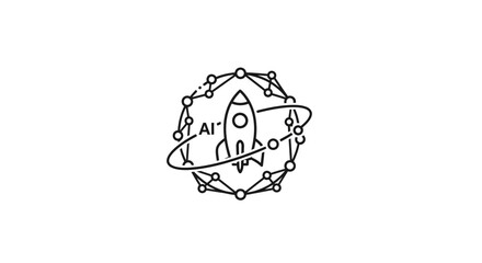 A minimalist line art icon of a rocket ship surrounded by a digital network sphere © Zebra
