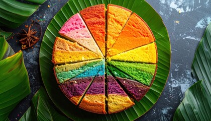 Fototapeta premium Sliced rainbow cake arranged on a green banana leaf.