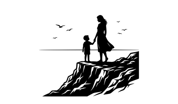 Mother and child silhouette on ocean cliff vector illustration