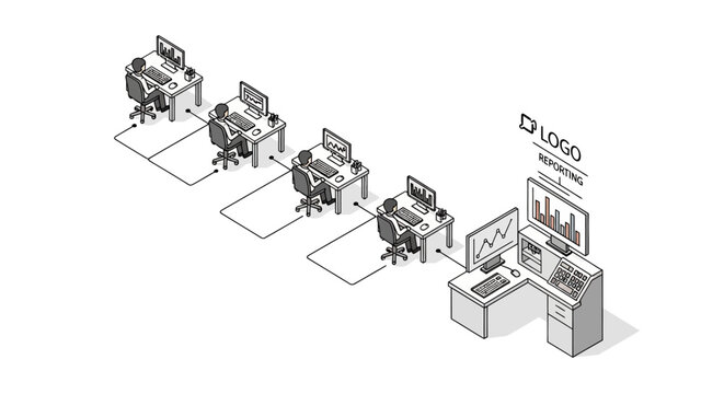 An isometric illustration showing a team of office workers analyzing data on computers