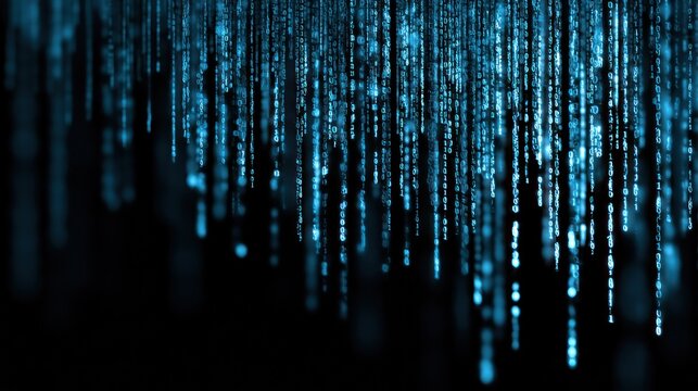 Blue binary code falling like rain at night