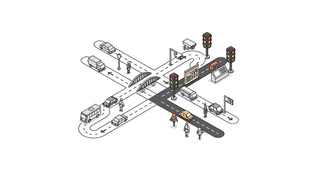 An isometric illustration of a busy urban intersection with vehicles and pedestrians