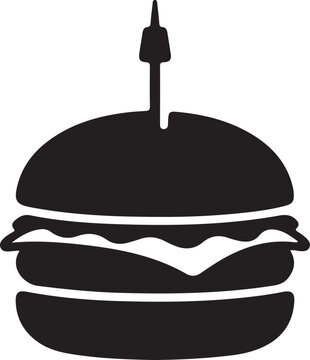 Black silhouette of a classic burger with a toothpick on top vector illustration.