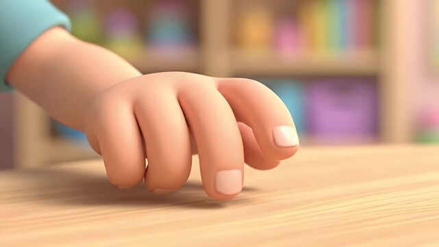 Close-Up Fingers Tapping Light Wood Desk Surface in Bright Studio Setting with Colorful Bookcase and Childlike D?cor