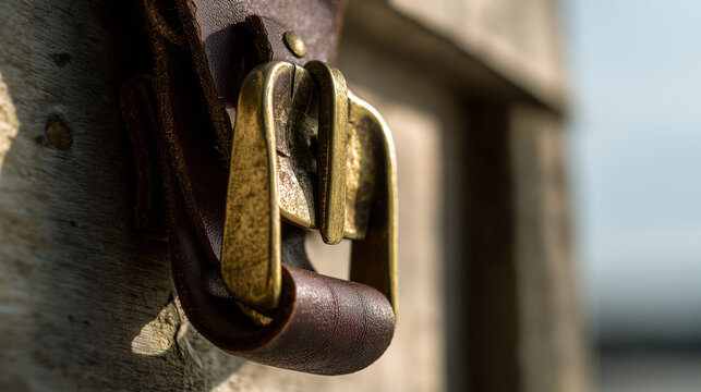 hasp. A heavy brass hasp fastened on the leather strap of an aged wooden crate. real-estate listings, architecture portfolios, designed for interior renovation comparisons for interiors.